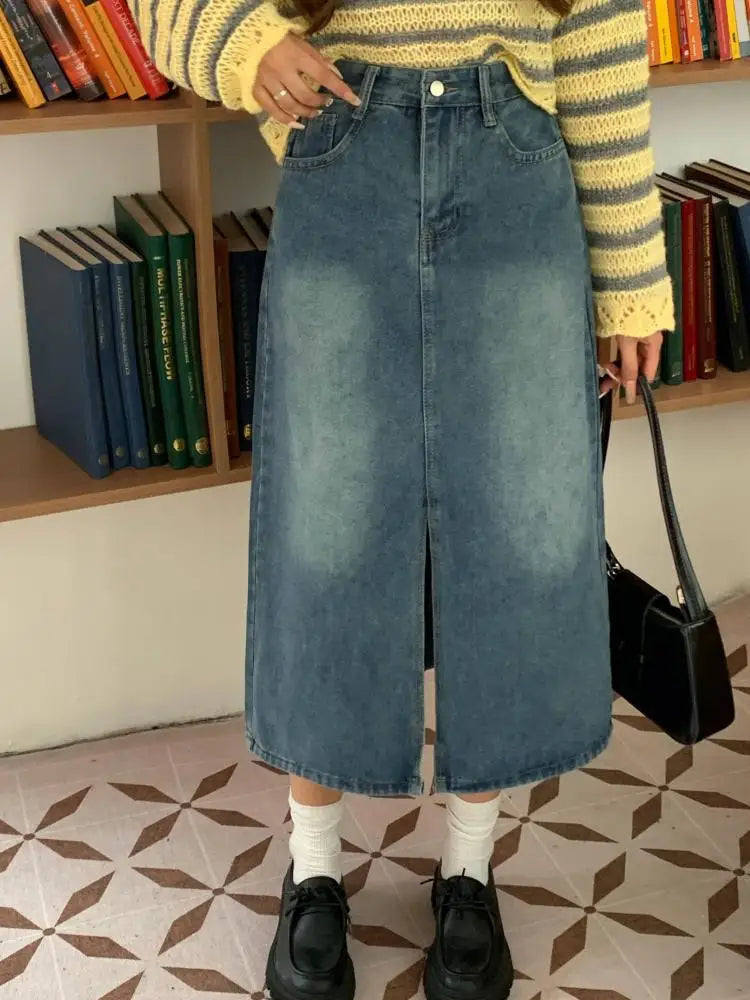 Autumn Winter Retro Black Office Lady Denim Split Skirt 2024 New Blue High Waist Elegant Wrap Hip Long Jean Skirts Women Fashion