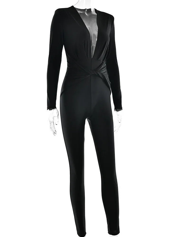 Sexy Deep V Elastic Tight Long Sleeved Women Jumpsuit 2025 Autumn Winter New Female Jumpsuit Temperament Street Clothing