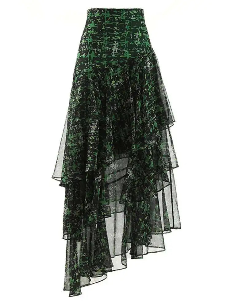 High Waist Green Print Zipper Irregular Mesh Holiday Half-body Skirt Women Fashion Tide New Spring Summer 2025 1DF6554