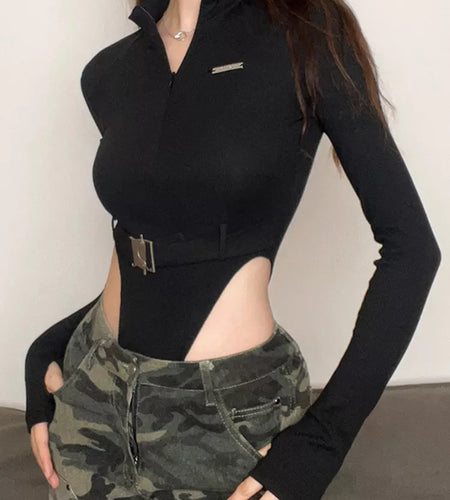 Streetwear Zipper Skinny Black Women Bodysuits Top Buckle Turtleneck Autumn Body Fashion Motorcycle One Piece Rompers