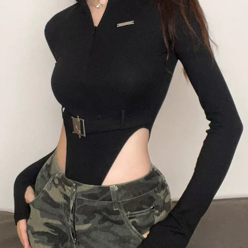 Load image into Gallery viewer, Streetwear Zipper Skinny Black Women Bodysuits Top Buckle Turtleneck Autumn Body Fashion Motorcycle One Piece Rompers
