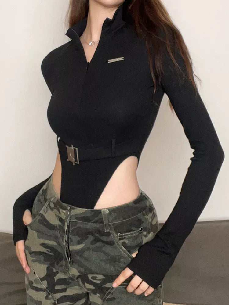 Streetwear Zipper Skinny Black Women Bodysuits Top Buckle Turtleneck Autumn Body Fashion Motorcycle One Piece Rompers