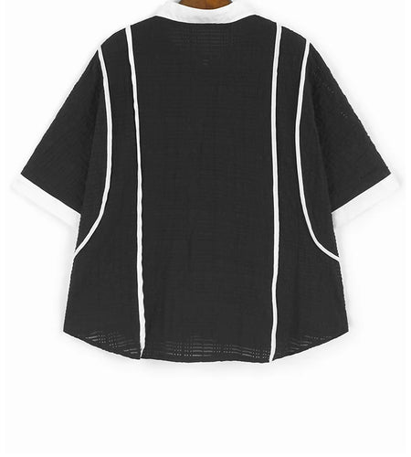 Women Black Color-block Big Size Casual Blouse New Stand Collar Short Sleeve Shirt Fashion Tide Spring Summer 2025 1DJ1108