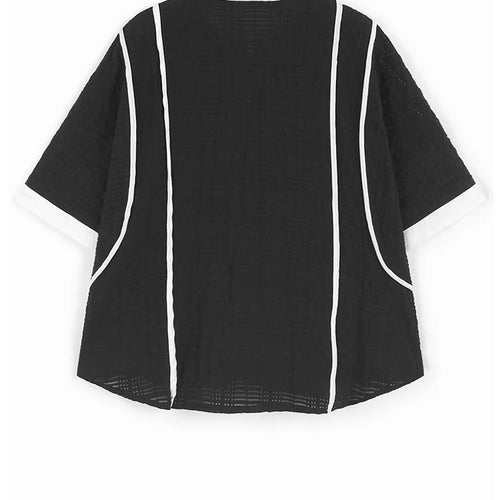 Load image into Gallery viewer, Women Black Color-block Big Size Casual Blouse New Stand Collar Short Sleeve Shirt Fashion Tide Spring Summer 2025 1DJ1108
