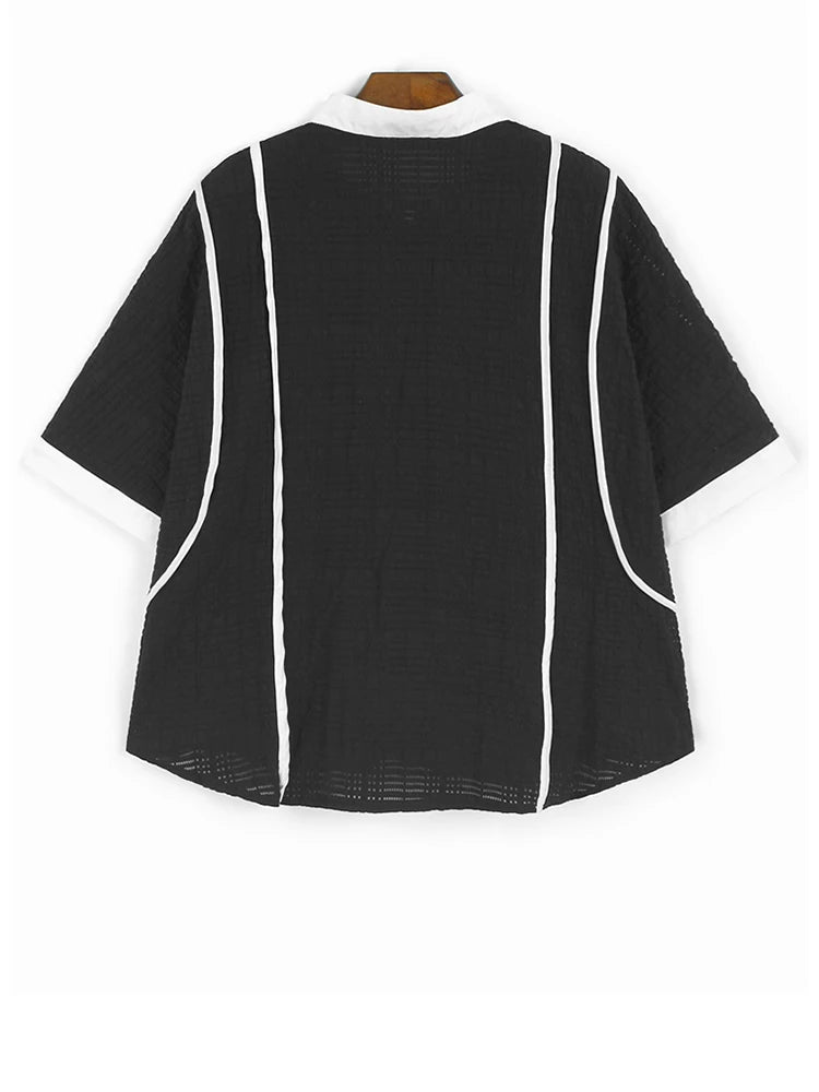 Women Black Color-block Big Size Casual Blouse New Stand Collar Short Sleeve Shirt Fashion Tide Spring Summer 2025 1DJ1108