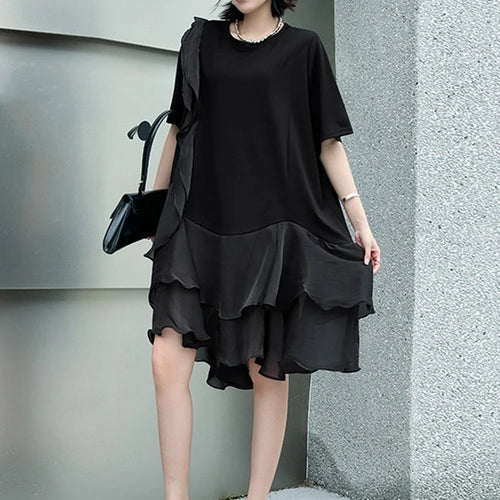 Load image into Gallery viewer, Women Black Ruffles Irregular Big Size Mini Dress New Round Neck Short Sleeve Fashion Tide Spring Summer 2025 1DJ1365
