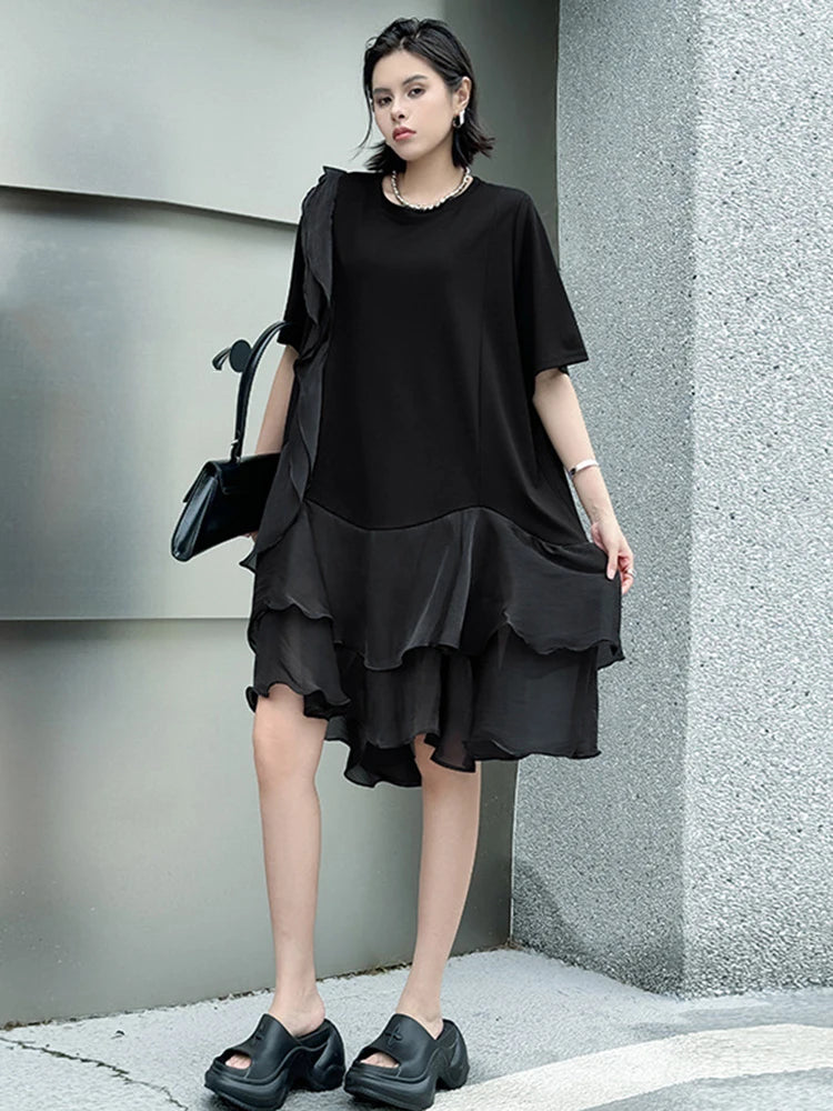 Women Black Ruffles Irregular Big Size Mini Dress New Round Neck Short Sleeve Fashion Tide Spring Summer 2025 1DJ1365