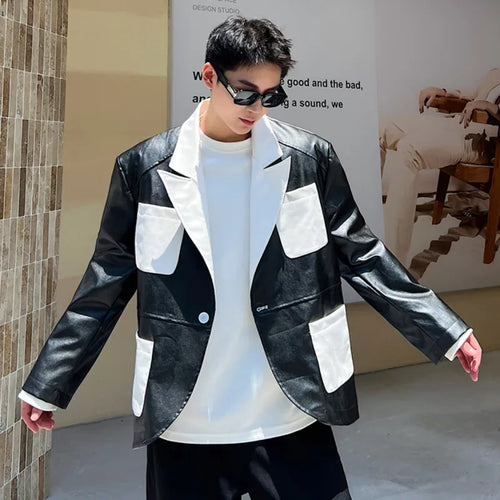 Load image into Gallery viewer, Patchwork Men&#39;s Jacket New Spring Design PU Leather Stylish Jacket Contrast Color Multi Pockets Male Clothing 9W1519
