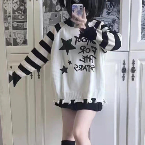 Load image into Gallery viewer, Y2k Aesthetic Star Letter Print Women Sweaters Striped Harajuku Loose Ripped Grunge Sueter Mujer Goth All Match Casual Pullover
