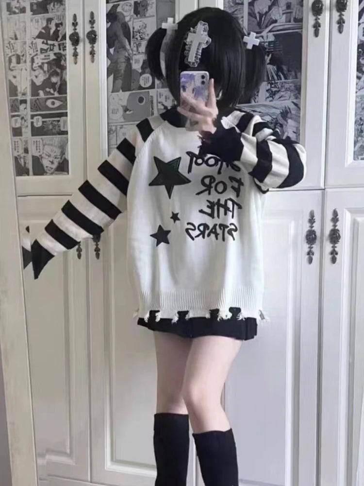 Y2k Aesthetic Star Letter Print Women Sweaters Striped Harajuku Loose Ripped Grunge Sueter Mujer Goth All Match Casual Pullover