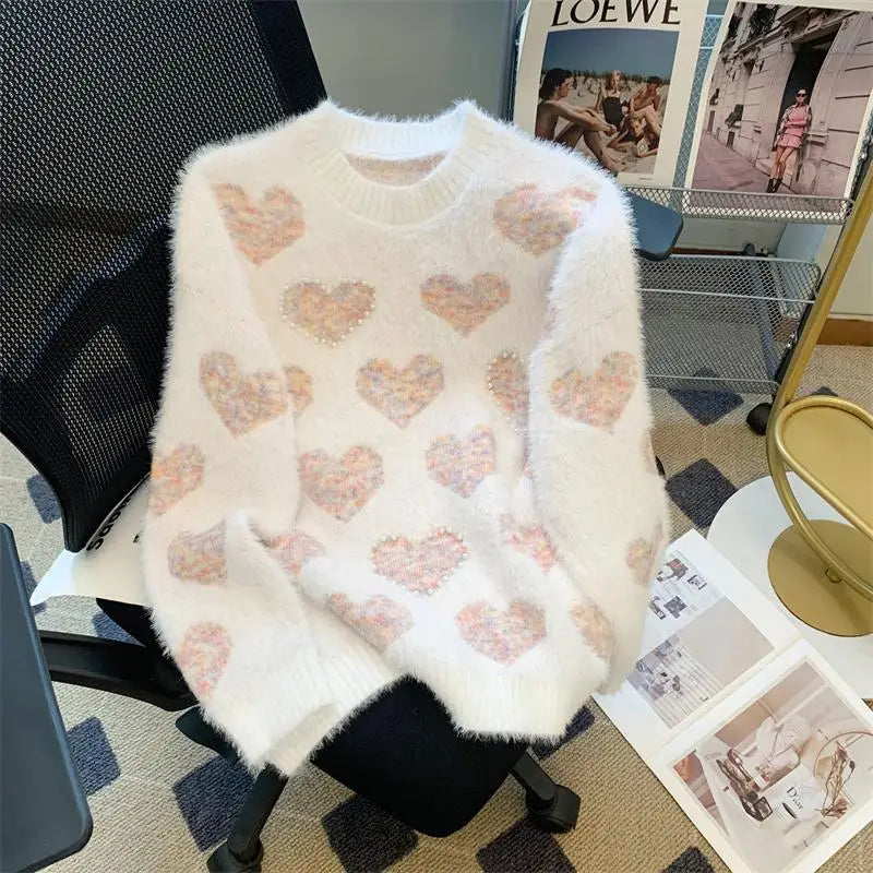 French Retro Heart Shaped Pearl Imitation Mink Sweaters Women Round Neck Warm Long Sleeves Knit Pullover Tops Autumn Winter Chic
