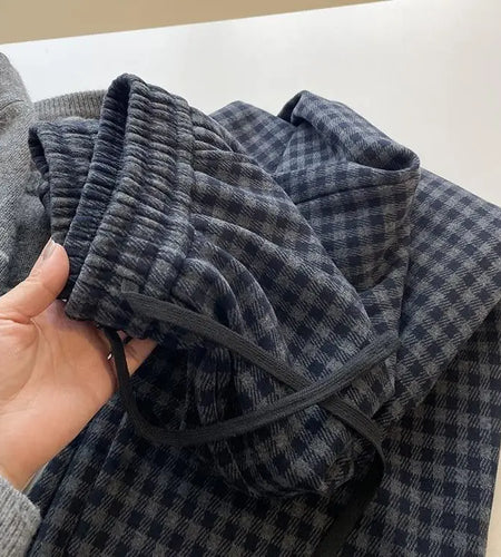 Retro Black Blue Plaid Drawstring Lace-up Thick Wide Leg Pant Winter High Waist Casual Loose Pleated Straight Trousers Street