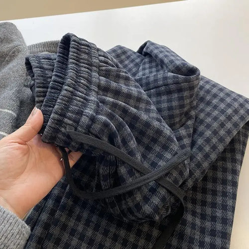Load image into Gallery viewer, Retro Black Blue Plaid Drawstring Lace-up Thick Wide Leg Pant Winter High Waist Casual Loose Pleated Straight Trousers Street

