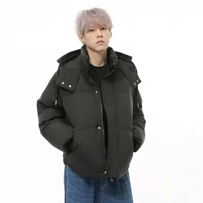 Simple Men's Padded Jackets Hooded Drawstring Solid Color Warm Short Parkas Korean Casual Male Thckened Coats Tide 9C9343