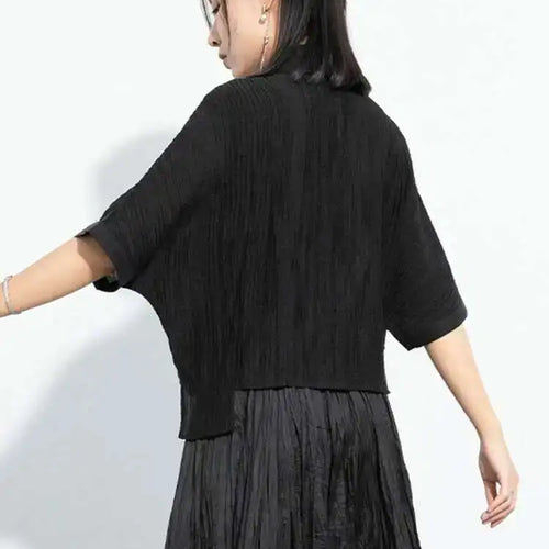 Load image into Gallery viewer, Women Black Pleated Cross Big Size Short Blouse New Lapel Half Sleeve Shirt Fashion Tide Spring Autumn 2025 1DH6145
