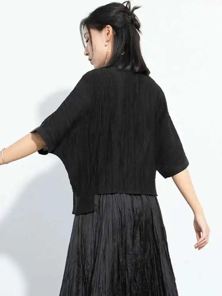 Women Black Pleated Cross Big Size Short Blouse New Lapel Half Sleeve Shirt Fashion Tide Spring Autumn 2025 1DH6145