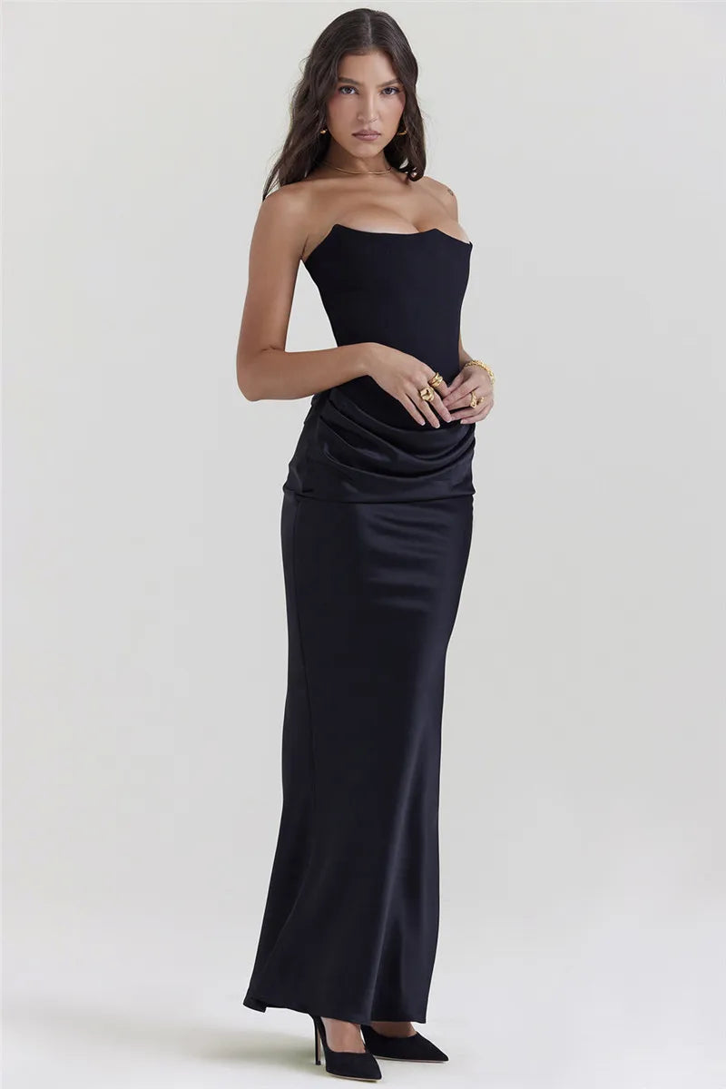 Elegant Strapless Bodycon Sexy Maxi Dress Women Black Fashion Off-shoulder Sleeveless Backless Club Party Long Dress