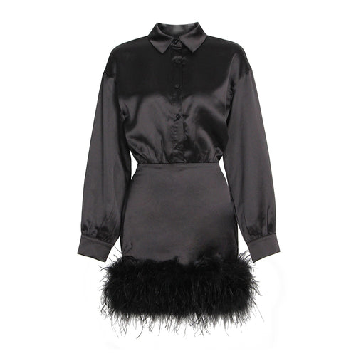 Load image into Gallery viewer, Sexy Dresses For Women Lapel Long Sleeve High Waist Feathers Hem Solid Minimalist Dress Females Spring Fashion
