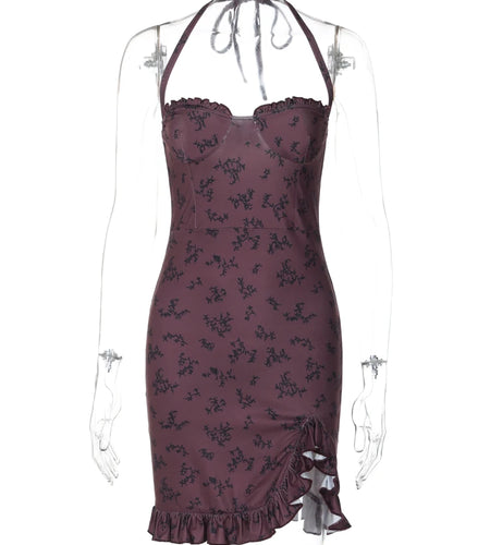 Elegant Halter Floral Print Backless Lace Up Slit Sexy Slim Mini Dress Summer Women Outfit Birthday Party Festival