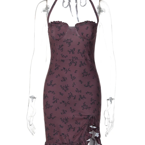 Load image into Gallery viewer, Elegant Halter Floral Print Backless Lace Up Slit Sexy Slim Mini Dress Summer Women Outfit Birthday Party Festival
