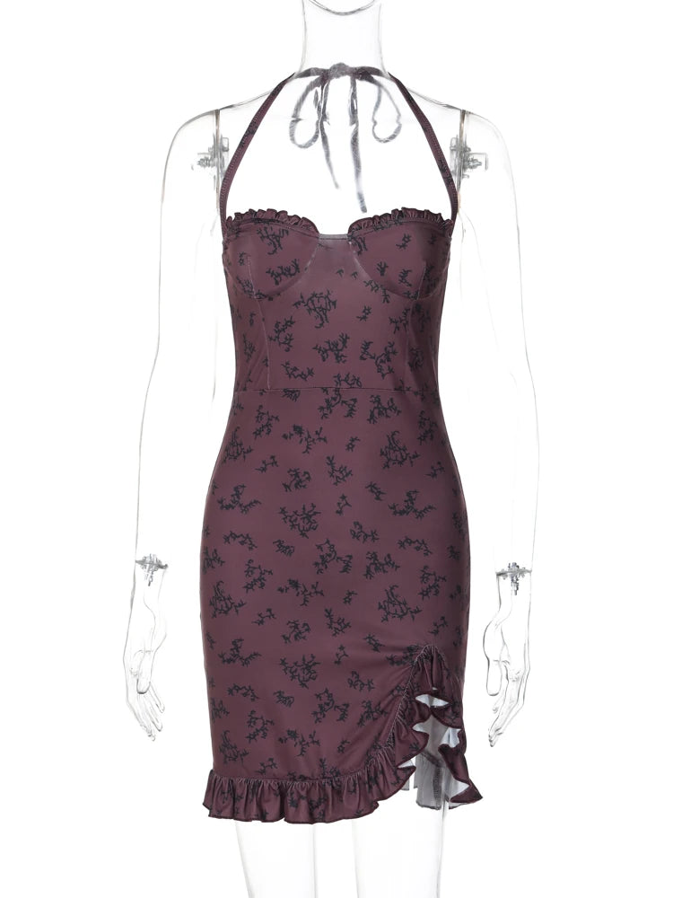 Elegant Halter Floral Print Backless Lace Up Slit Sexy Slim Mini Dress Summer Women Outfit Birthday Party Festival