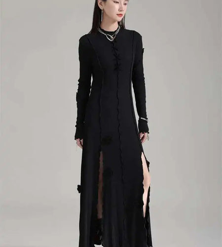 Women Black Flower Elegant Slit Long Dress New Turtleneck Long Sleeve Loose Fit Fashion Tide Spring Autumn 2025 1DH1870