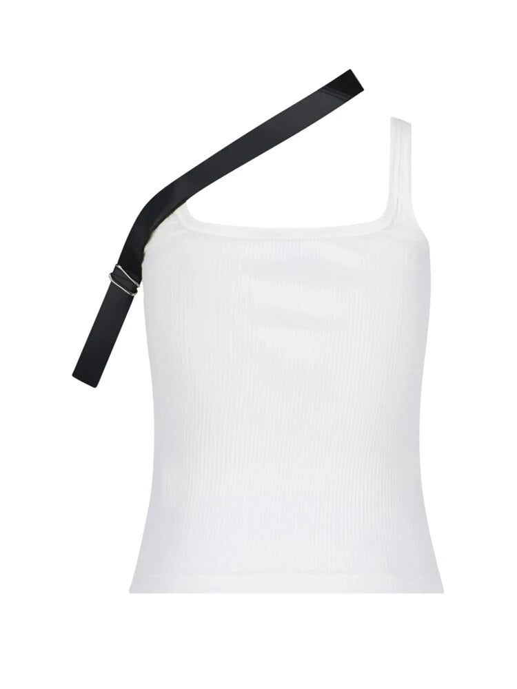 Minimalist Solid Tank Top For Women Square Collar Sleeveless Slimming Spliced Belt Vest Female Fashion Clothing