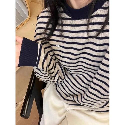 Load image into Gallery viewer, Korean Women Beige Striped Pullovers Velvet Sweater Casual Autumn Winter New Knitted Loose O-neck Long Sleeve Elegant Tops Thick
