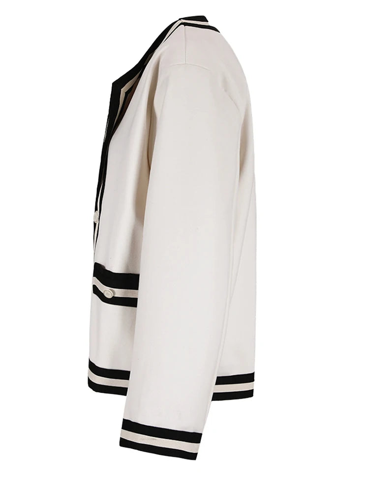 Women White Striped Big Size Elegant Blazer New Lapel Long Sleeve Loose Fit Jacket Fashion Tide Spring Autumn 2025 CPG0594