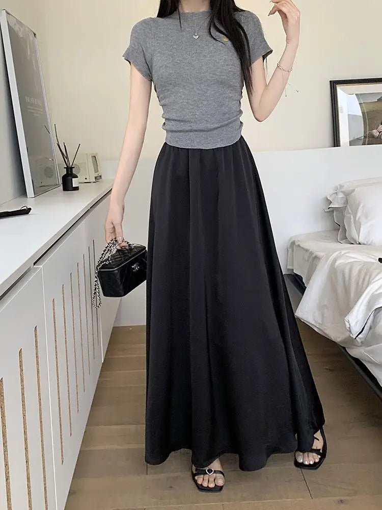 Korean Casual Women's Black White Elegant Simple Pleated A-line Skirt Spring Summer Fashion Slim High Waist Long Skirts Popular