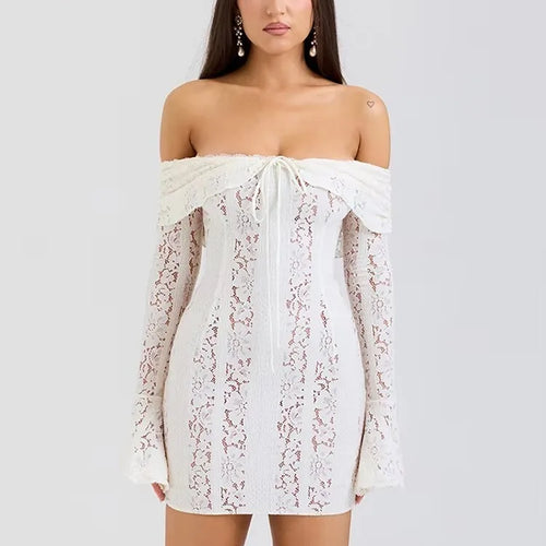 Load image into Gallery viewer, Floral Lace Off-shoulder Maxi Dress For Women White Strapless Backless Long Sleeve Bodycon Club Party Sexy Long Dress
