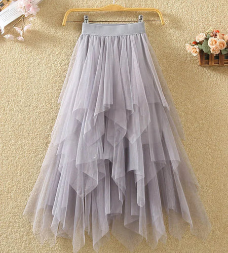 Women irregular Tulle Skirts Fashion Elastic High Waist Mesh Tutu Skirt Pleated Long Skirts Midi Skirt Saias Faldas Jupe Femmle