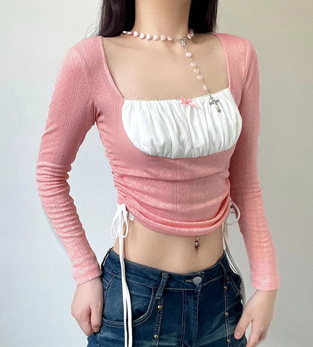 Sweet Pink Fold Patched Autumn Tee Shirts Slim Drawstring Square Neck Crop Top Women Tshirts Coquette Clothes Bow Y2K