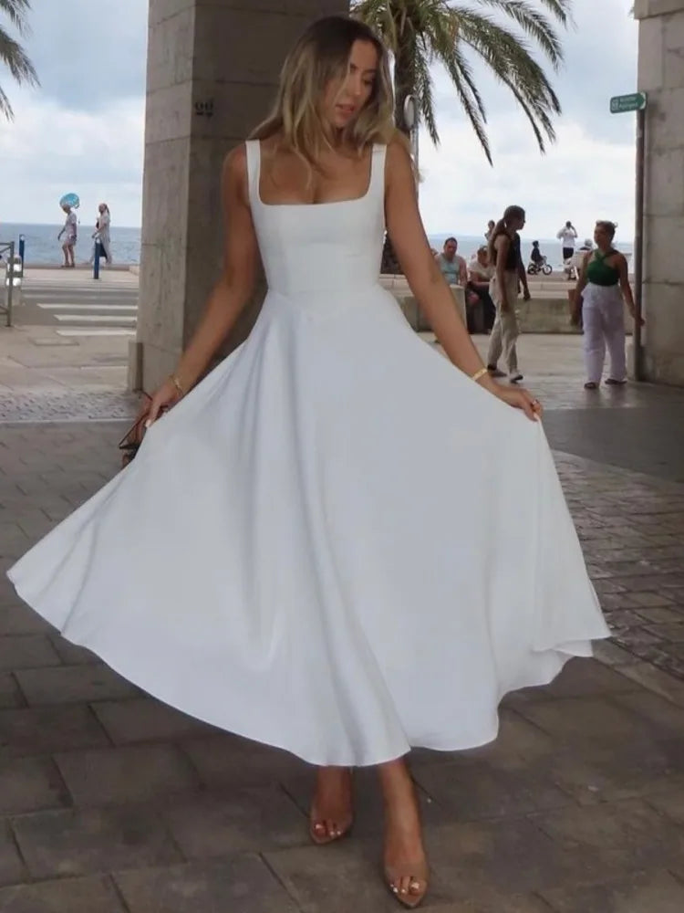 Elegant Sleeveless Bodycon Women Long Dress 2024 Fall Solid Color Square Neck Sexy Party Club Evening Dress Slim Vestido