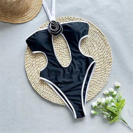 Black White Halter One Piece Swimsuit 2024 Cut Out Swimwear for Women Sexy 3D Flower Bathing Suit Bandage Monokini