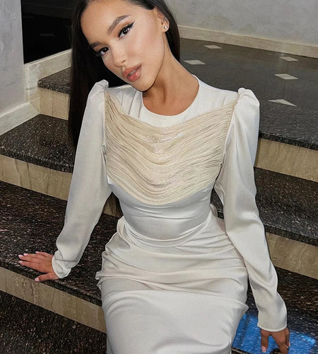 O Neck Long Sleeve Sexy Maxi Dress For Women Fashion Elegant Solid Ruched High Waist Bodycon Long Dress Clubwear