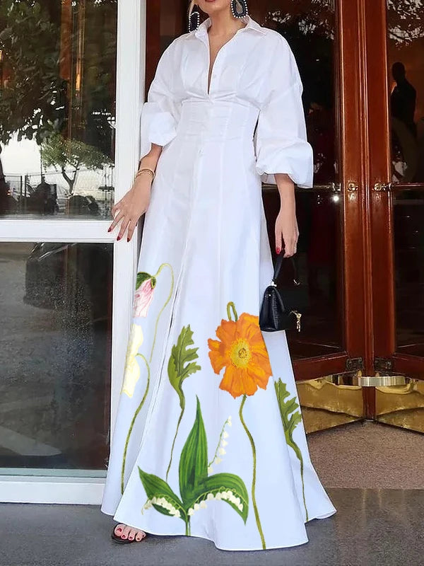 Summer Women's Flower Print Maxi Dress 2025 New Lapel Buttoned Puff Sleeves Birthday Pleats A-line Long Shirt Dress