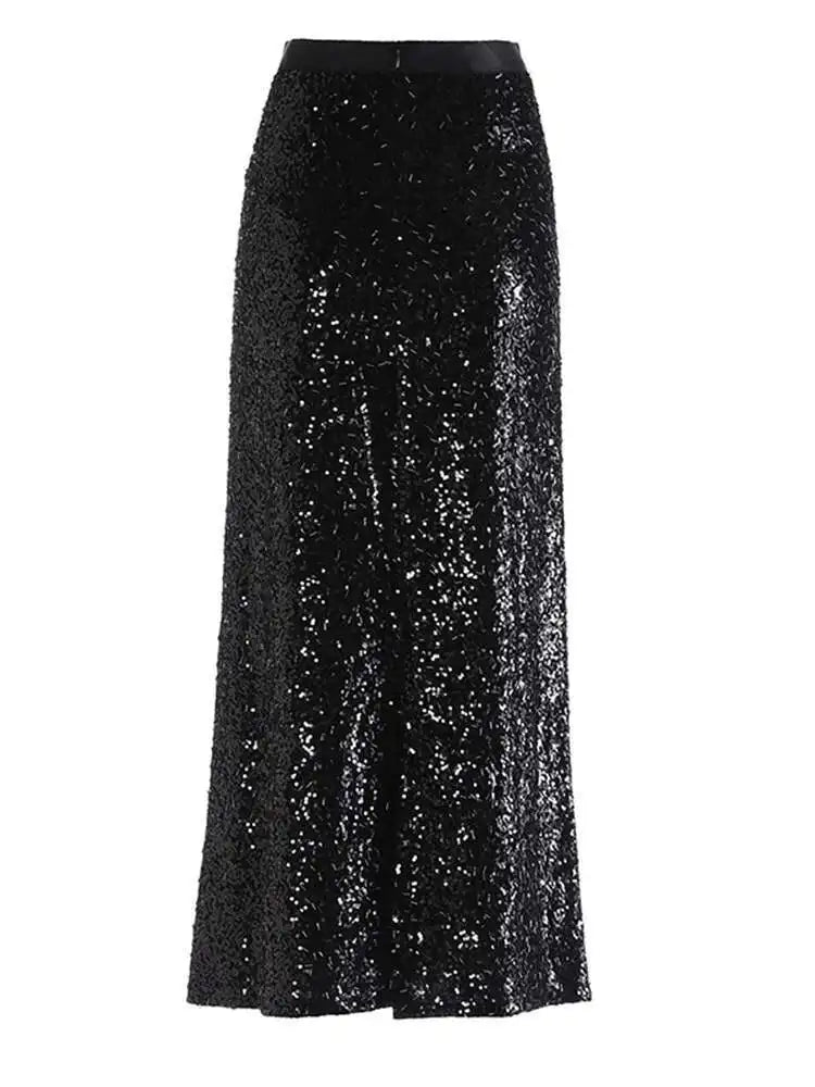 High Elastic Waist Gray Sequins Shining Elegant Long Half-body Skirt Women Fashion Tide New Spring Autumn 2025 1DH7488