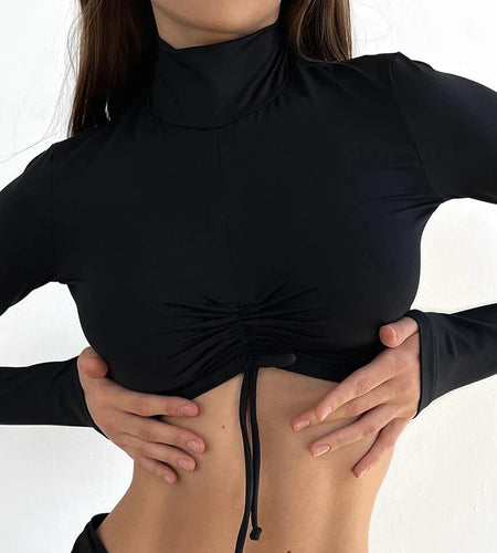 Casual Basic Skinny Long Sleeve Tee Shirts Female Turtleneck Drawstring Slim Fashion Sexy Crop Tops Autumn T-shirts