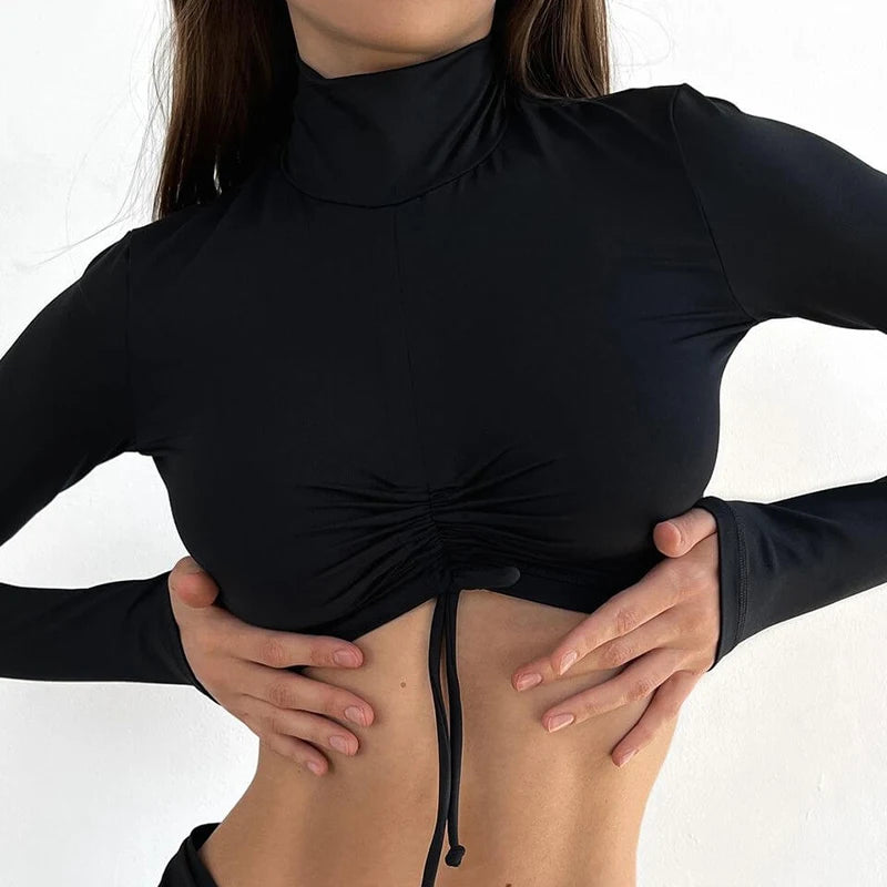 Casual Basic Skinny Long Sleeve Tee Shirts Female Turtleneck Drawstring Slim Fashion Sexy Crop Tops Autumn T-shirts