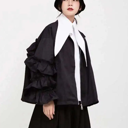 Load image into Gallery viewer, Loose Fit Black Ruffles Stitch Big Size Jacket New Lapel Long Sleeve Women Coat Fashion Tide Spring Autumn 2025 1B894

