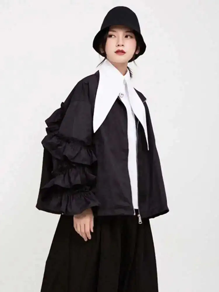 Loose Fit Black Ruffles Stitch Big Size Jacket New Lapel Long Sleeve Women Coat Fashion Tide Spring Autumn 2025 1B894