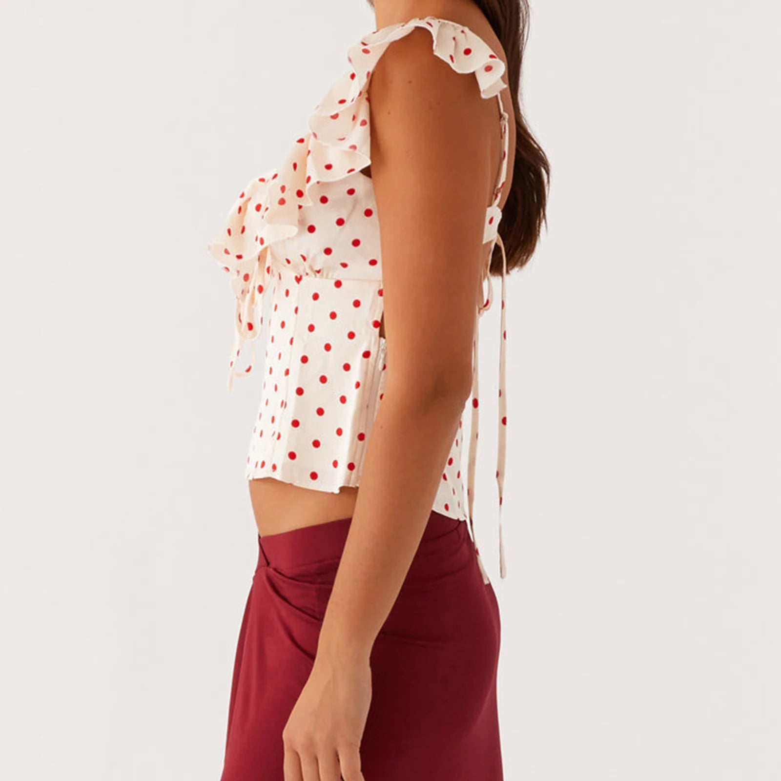 Polka Dot Crop Tops Summer Women Clothes Print Bow V Neck Short Sleeve Ruffle Trim T Shirts 2000s Clothing Streetwear