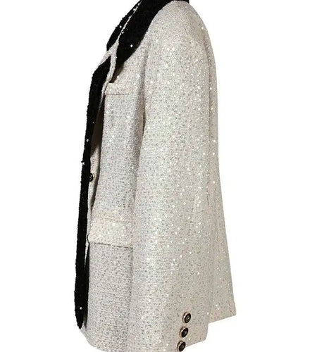 Women Beige Sequins Big Size Elegant Blazer New Lapel Long Sleeve Loose Fit Jacket Fashion Tide Spring Autumn 2025 CPG0776