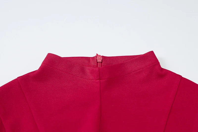 Half High Collar Sleeveless Sexy Mini Dress For Women Fashion Solid Red High Waist A-line Club Pleated Sexy Dress