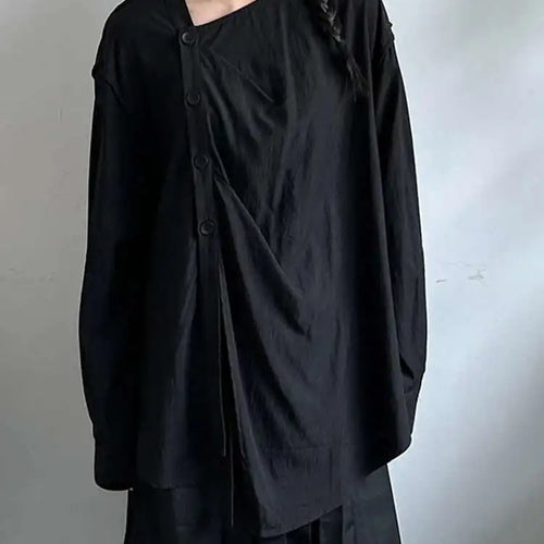 Load image into Gallery viewer, Women Balck Irregular Button Pleated Big Size Thin Blouse New V-neck Long Sleeve Shirt Fashion Spring Autumn 2025 1DJ0300
