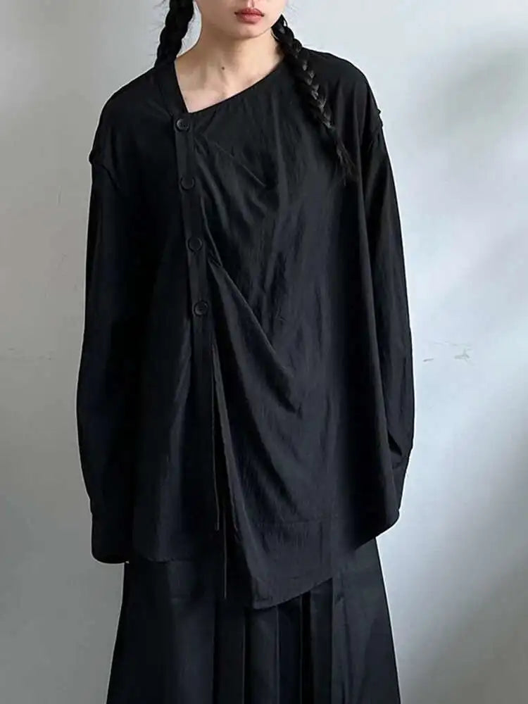 Women Balck Irregular Button Pleated Big Size Thin Blouse New V-neck Long Sleeve Shirt Fashion Spring Autumn 2025 1DJ0300