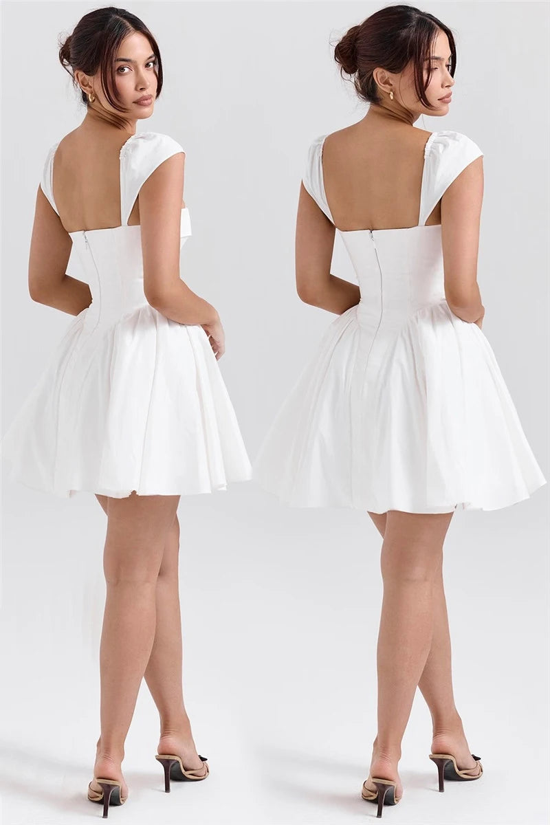 White Backless Sexy Mini Dress For Women Fashion Square Collar Short Sleeve High Waist A-line Club Party Sexy Dress