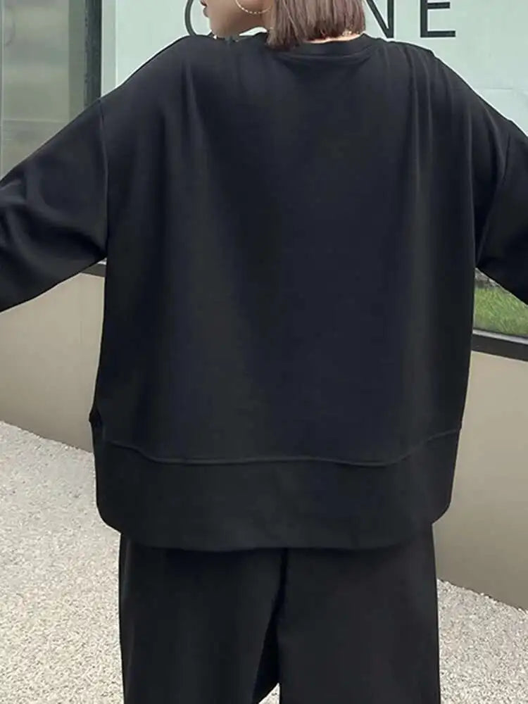 Black Topstitched Pocket Sweatshirt New Round Neck Long Sleeve Women Big Size Fashion Tide Spring Autumn 2025 1DJ0625