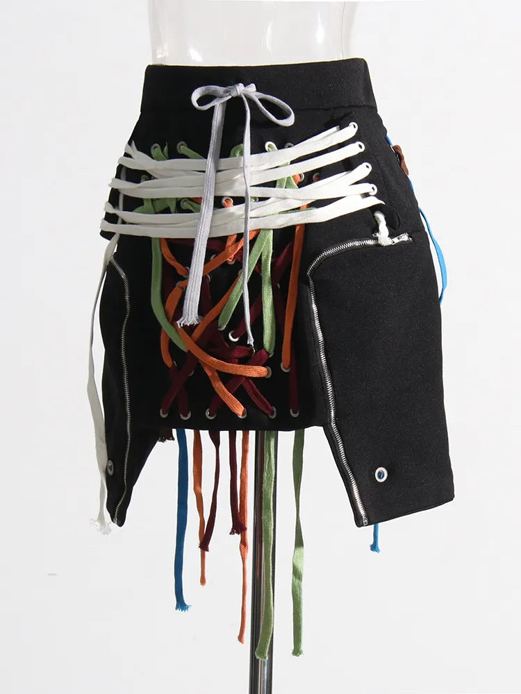 Patchwork Irregular Bandage Women Skirt High Waist Mini Plus Size Casual Black Skirts Female Summer
